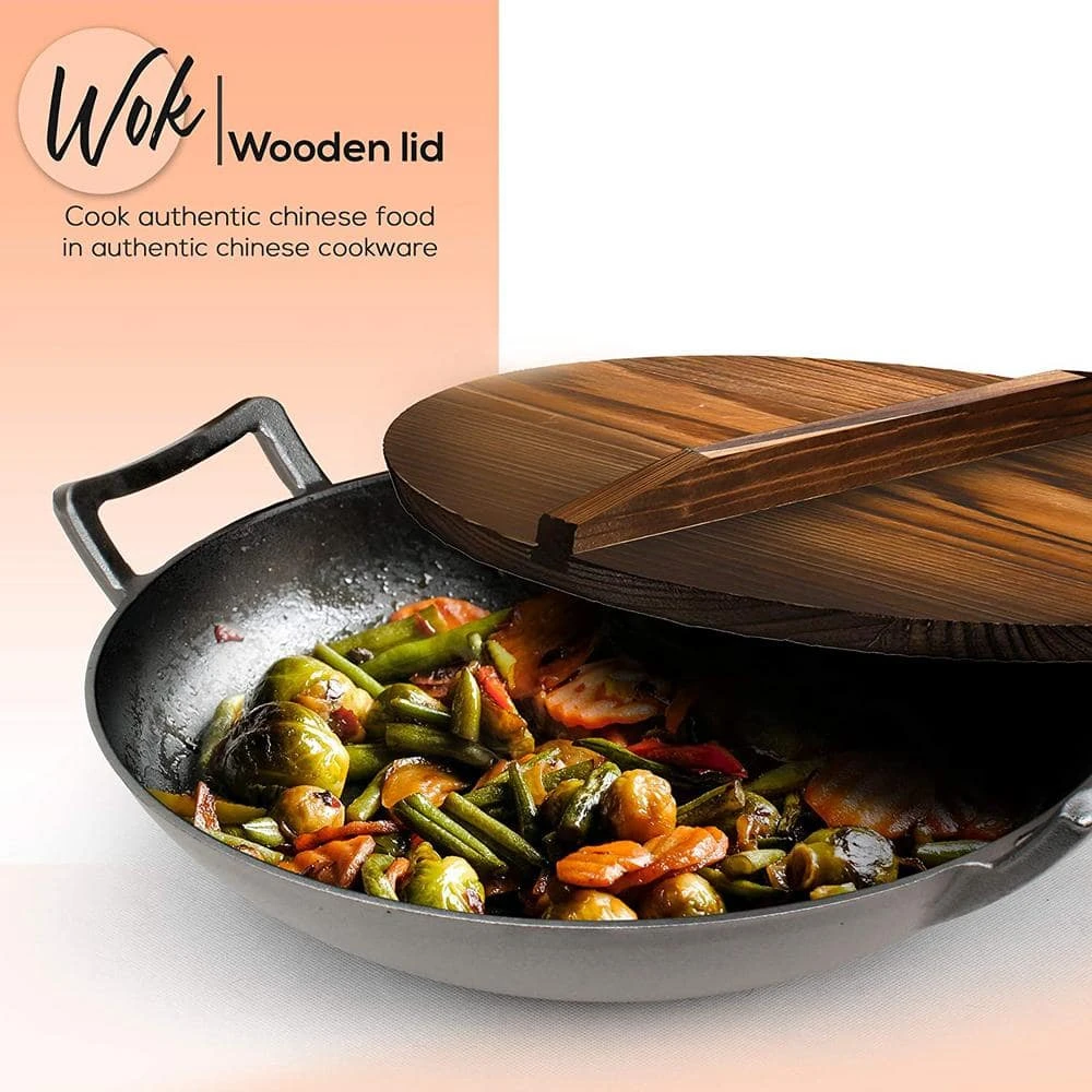 Pre Seasoned 18 in. Wok Cast Iron Stir Fry Pan w/Reversible Grill Plate Pan by NutriChef - Image 5