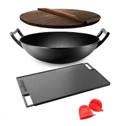 Pre Seasoned 18 in. Wok Cast Iron Stir Fry Pan w/Reversible Grill Plate Pan by NutriChef