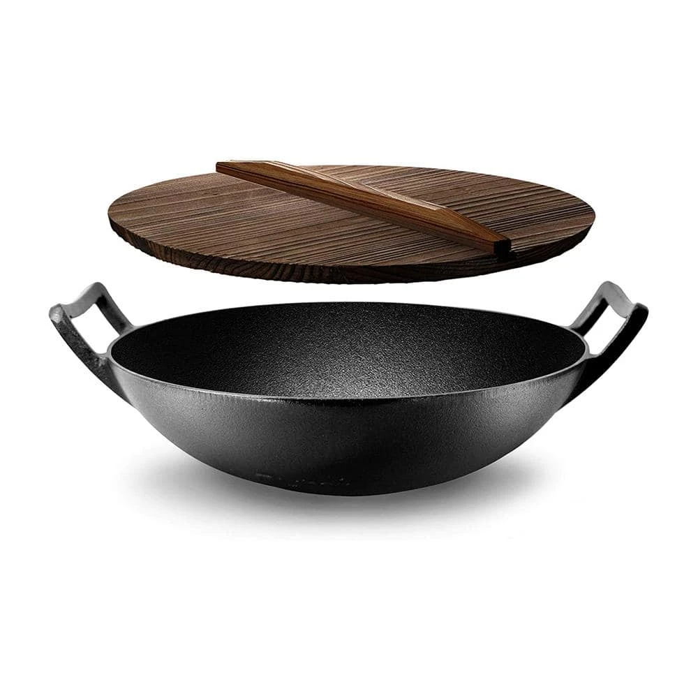 Pre Seasoned 18 in. Wok Cast Iron Stir Fry Pan w/Reversible Grill Plate Pan by NutriChef - Image 4