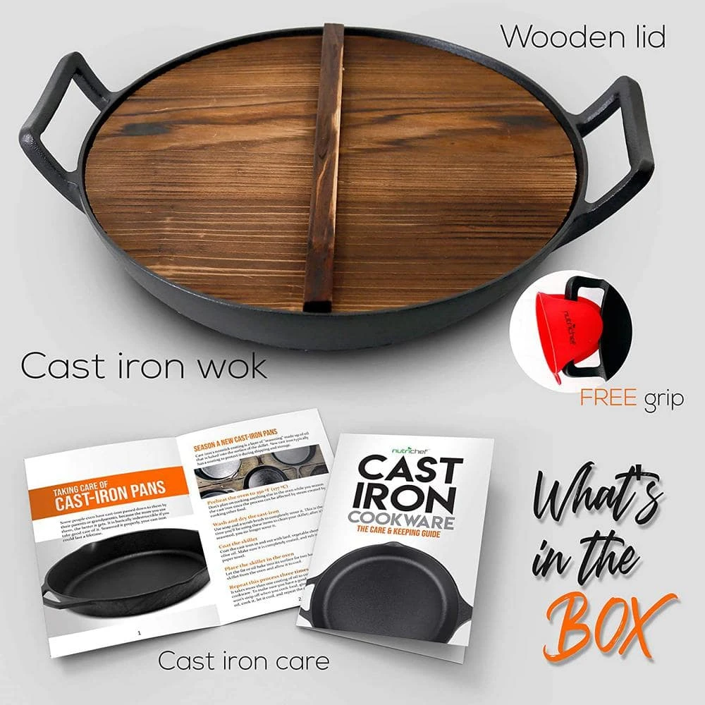 Pre Seasoned 18 in. Wok Cast Iron Stir Fry Pan w/Reversible Grill Plate Pan by NutriChef - Image 8