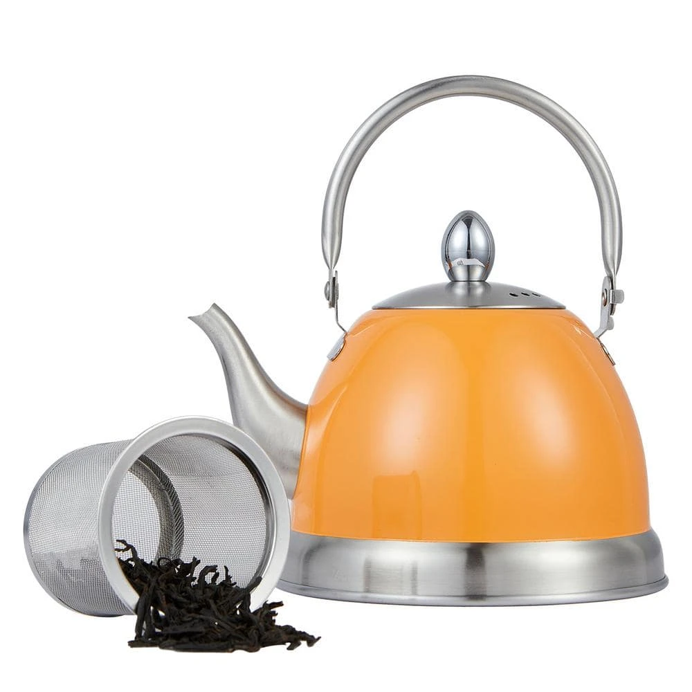 4 Cups Orange Stainless Steel Tea Kettle Teapot with Folding Handle, Removable Infuser Basket for Loose Tea Leaves by Creative Home