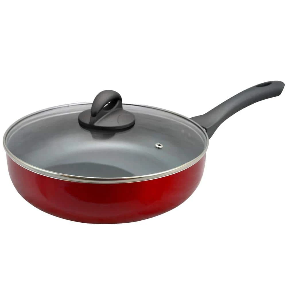 Herscher 3.5 qt. Aluminum Nonstick Saute Pan in Red Gloss with Glass Lid by Oster