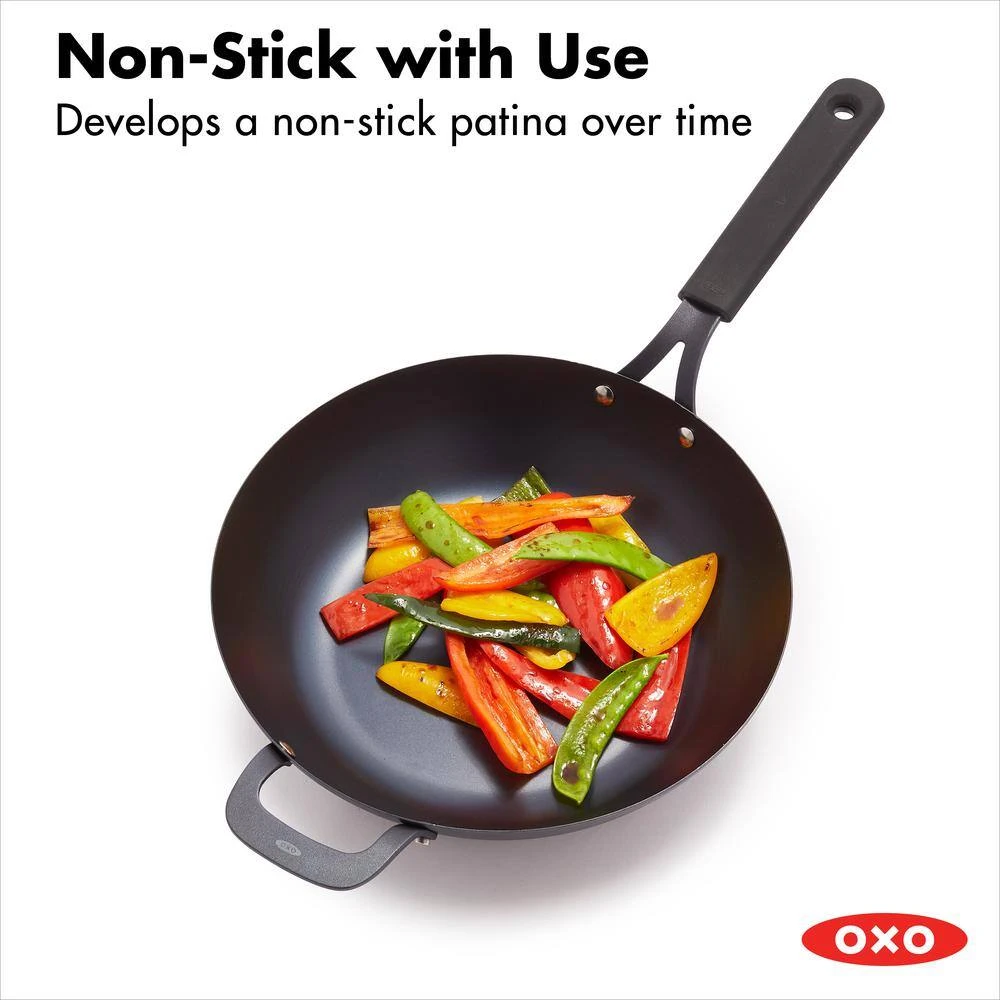 Obsidian 12 in. Pre-Seasoned Carbon Steel Induction Safe Wok with Silicone Sleeve and Helper Handle in Black by OXO - Image 4