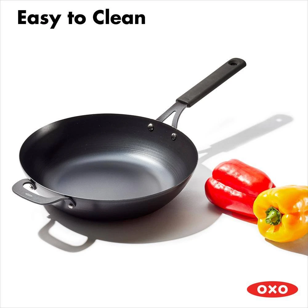 Obsidian 12 in. Pre-Seasoned Carbon Steel Induction Safe Wok with Silicone Sleeve and Helper Handle in Black by OXO - Image 8