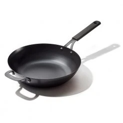 Obsidian 12 in. Pre-Seasoned Carbon Steel Induction Safe Wok with Silicone Sleeve and Helper Handle in Black by OXO
