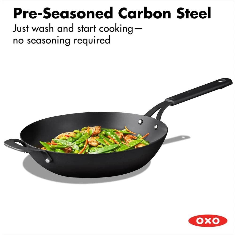 Obsidian 12 in. Pre-Seasoned Carbon Steel Induction Safe Wok with Silicone Sleeve and Helper Handle in Black by OXO - Image 2