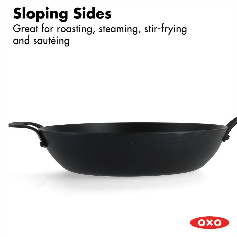 Obsidian 12 in. Pre-Seasoned Carbon Steel Induction Safe Wok with Silicone Sleeve and Helper Handle in Black by OXO - Image 6