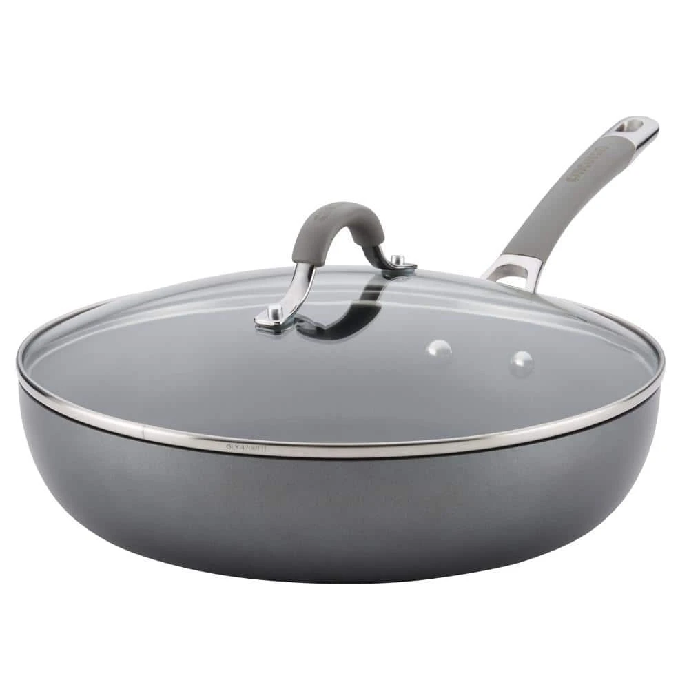 Elementum 12 in. Hard-Anodized Aluminum Nonstick Skillet in Oyster Gray with Glass Lid by Circulon