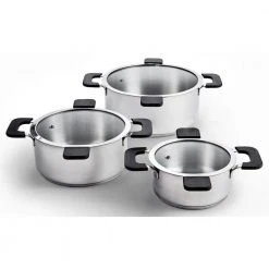 6-Piece Stainless Steel Inductive Pot Set with Straining and Hands-Free Glass Lids by Ozeri