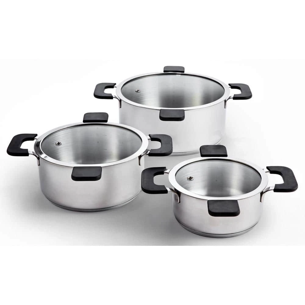 6-Piece Stainless Steel Inductive Pot Set with Straining and Hands-Free Glass Lids by Ozeri
