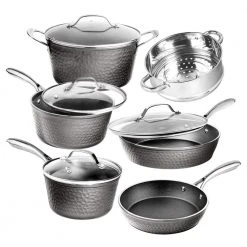 10-Piece Aluminum Hammered Ultra-Durable Non-Stick Diamond Infused Cookware Set in Pewter by GRANITESTONE