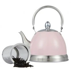 4 Cups Pink Stainless Steel Tea Kettle Teapot with Folding Handle, Removable Infuser Basket for Tea Bag Loose Tea Leaves by Creative Home