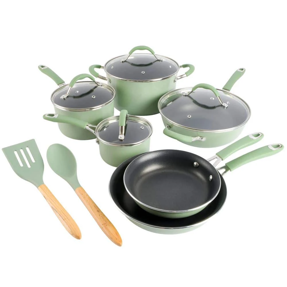 12-Piece Nonstick Aluminum Cookware Set in Pistachio with Silicone Handles by Unbranded