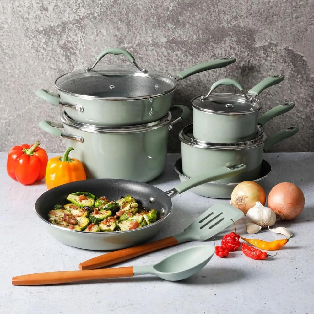 12-Piece Nonstick Aluminum Cookware Set in Pistachio with Silicone Handles by Unbranded - Image 2