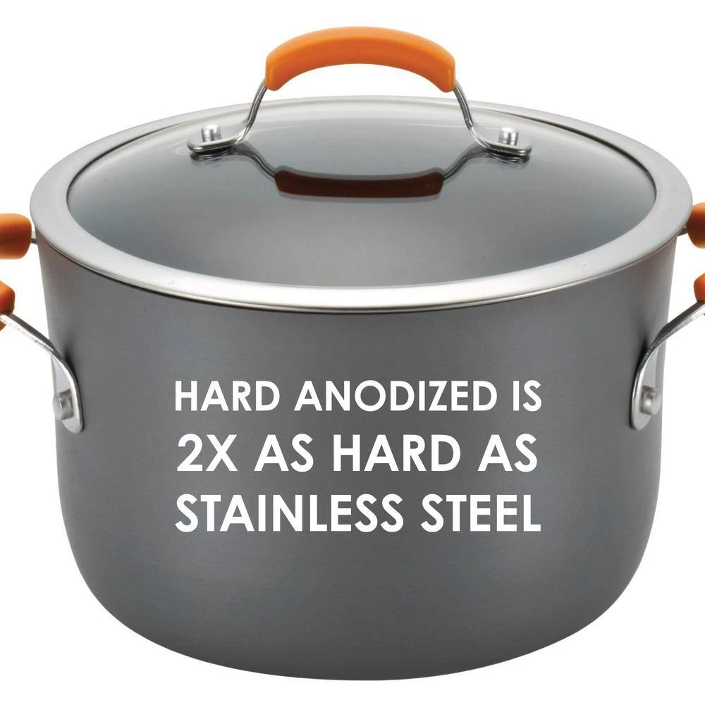 Classic Brights 8 qt. Hard-Anodized Aluminum Nonstick Stock Pot in Orange and Gray with Glass Lid by Rachael Ray - Image 6