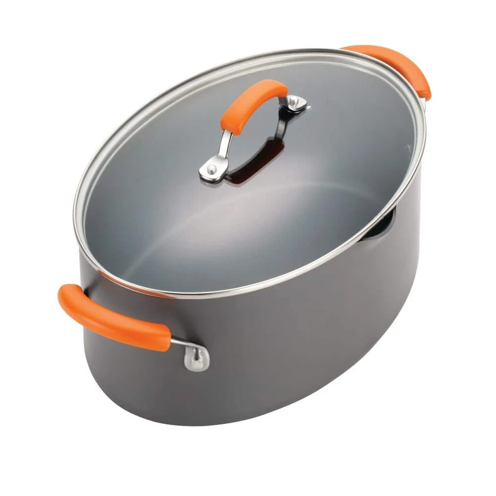 Classic Brights 8 qt. Hard-Anodized Aluminum Nonstick Stock Pot in Orange and Gray with Glass Lid by Rachael Ray - Image 8