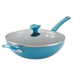 11 in. Turquoise Cityscapes Porcelain Enamel Nonstick Covered Stir Fry Pan by Rachael Ray