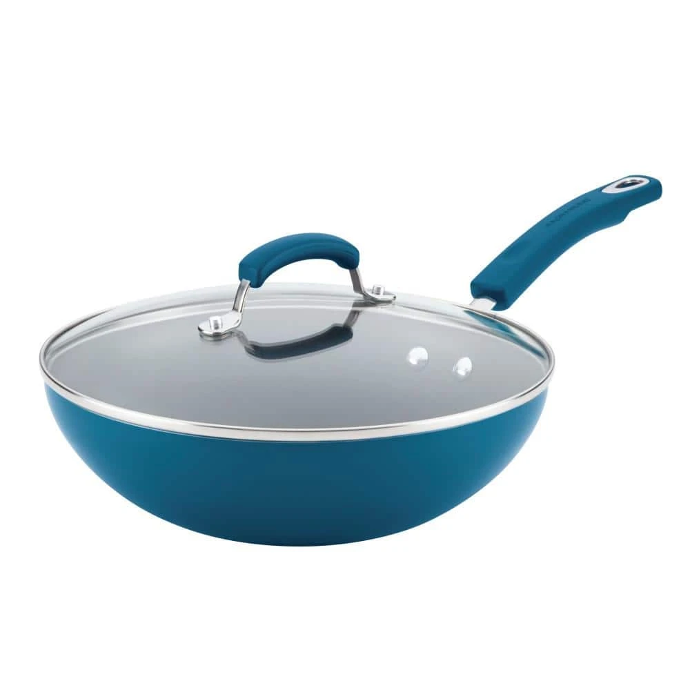 Classic Brights 11 in. Aluminum Nonstick Stir Fry Pan in Marine Blue Gradient with Glass Lid by Rachael Ray