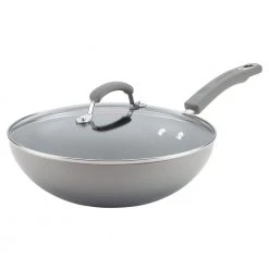 Classic Brights 11 in. Aluminum Nonstick Stir Fry Pan in Sea Salt Gray Gradient with Glass Lid by Rachael Ray