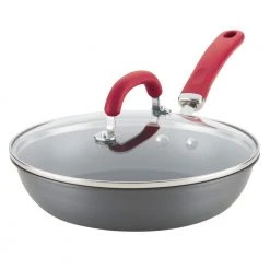 Create Delicious 10.25 in. Hard-Anodized Aluminum Nonstick Skillet in Red and Gray with Glass Lid by Rachael Ray