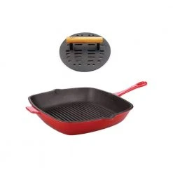 Neo 11 in. Cast Iron Grill Pan in Red with Bacon Press by BergHOFF