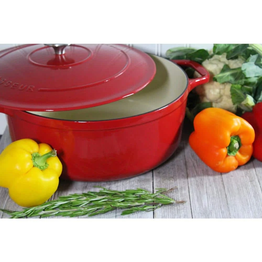 French Enameled 7.1 qt. Round Cast Iron Dutch Oven in Red with Lid by Chasseur - Image 4