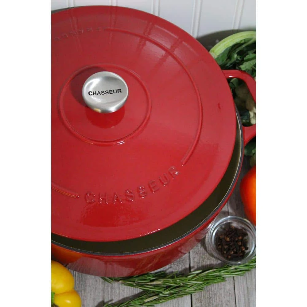 French Enameled 7.1 qt. Round Cast Iron Dutch Oven in Red with Lid by Chasseur - Image 5