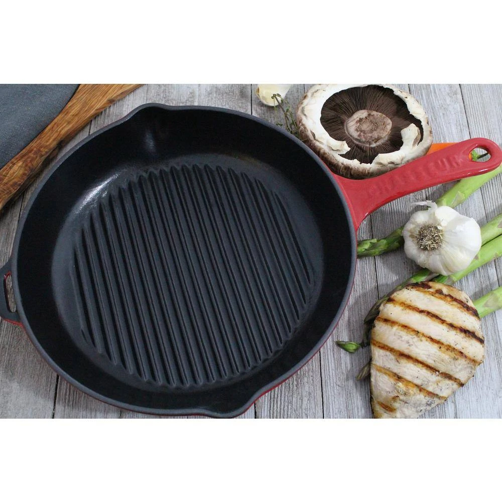 French Enameled 11 in. Cast Iron Grill Pan in Red by Chasseur - Image 3