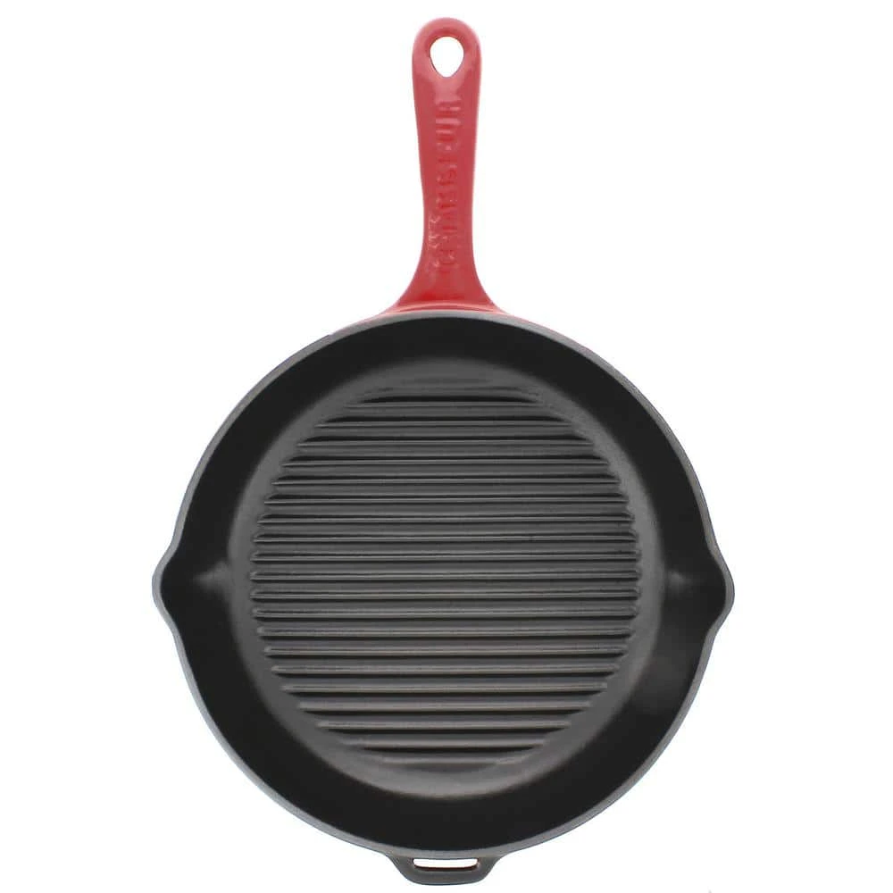 French Enameled 11 in. Cast Iron Grill Pan in Red by Chasseur
