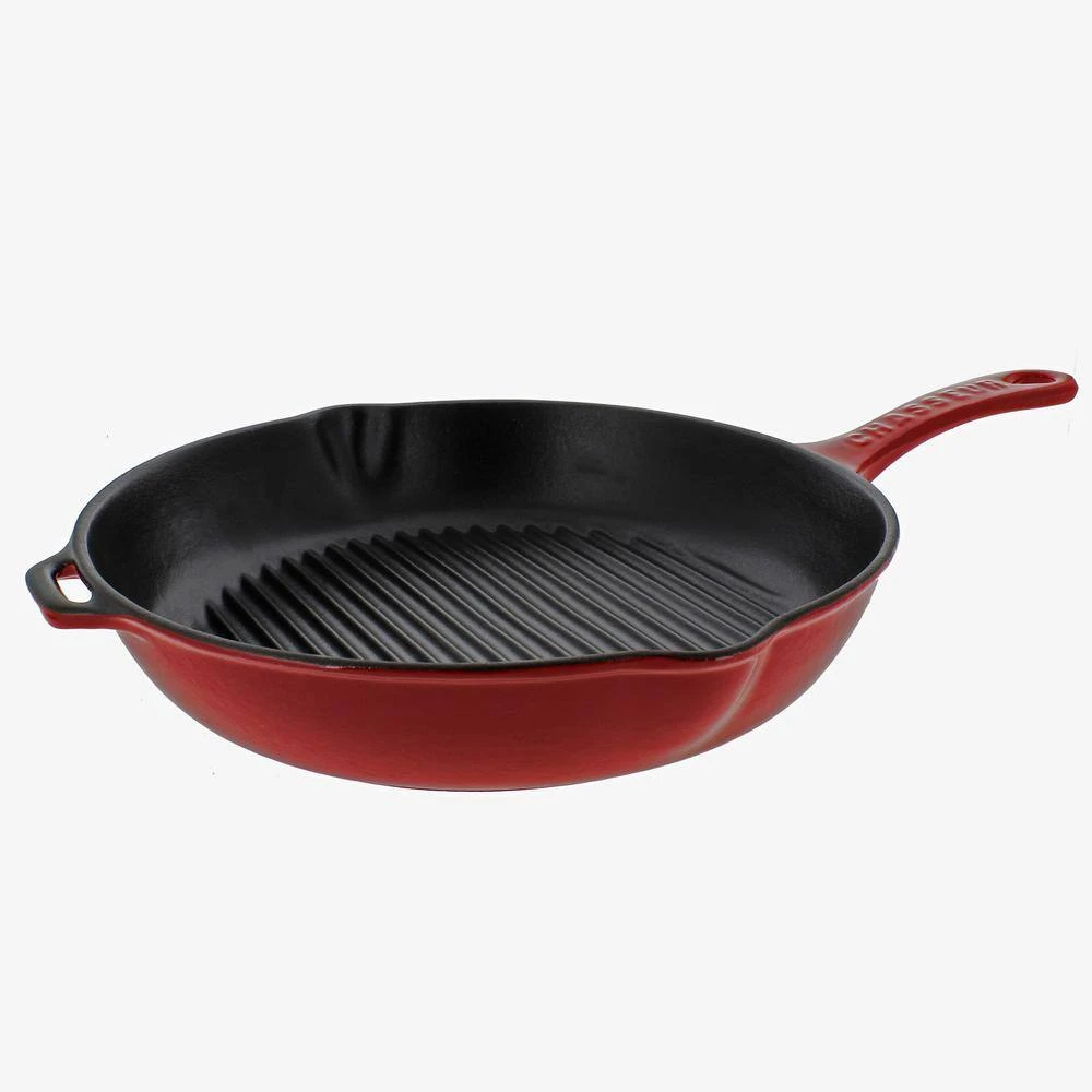 French Enameled 11 in. Cast Iron Grill Pan in Red by Chasseur - Image 2