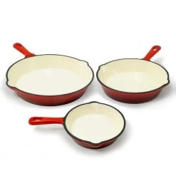 3-Piece Cast Iron Skillet Set with Red Enamel Coating by ExcelSteel