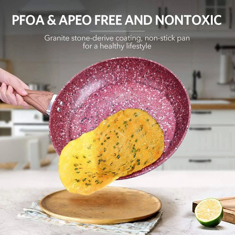 CSK 4-Pieces 10. in and 12. in Red Granite Aluminum Nonstick Induction Compatible Frying Pan Set with Lids by Unbranded - Image 4