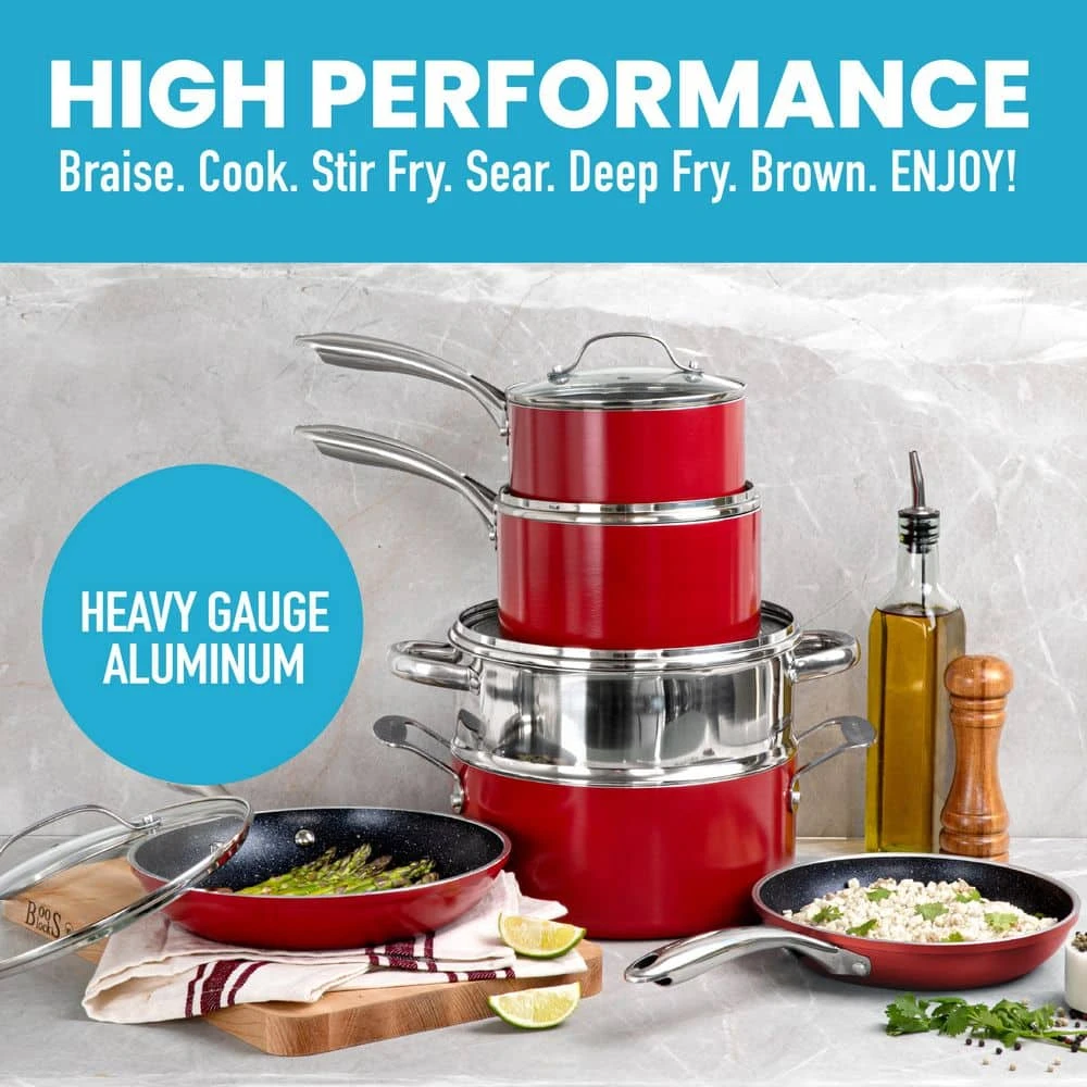 10-Piece Aluminum Red Ultra-Durable Non-Stick Diamond Infused Cookware Set with Glass Lids by GRANITESTONE - Image 5