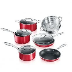 10-Piece Aluminum Red Ultra-Durable Non-Stick Diamond Infused Cookware Set with Glass Lids by GRANITESTONE