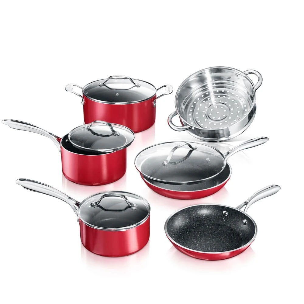 10-Piece Aluminum Red Ultra-Durable Non-Stick Diamond Infused Cookware Set with Glass Lids by GRANITESTONE