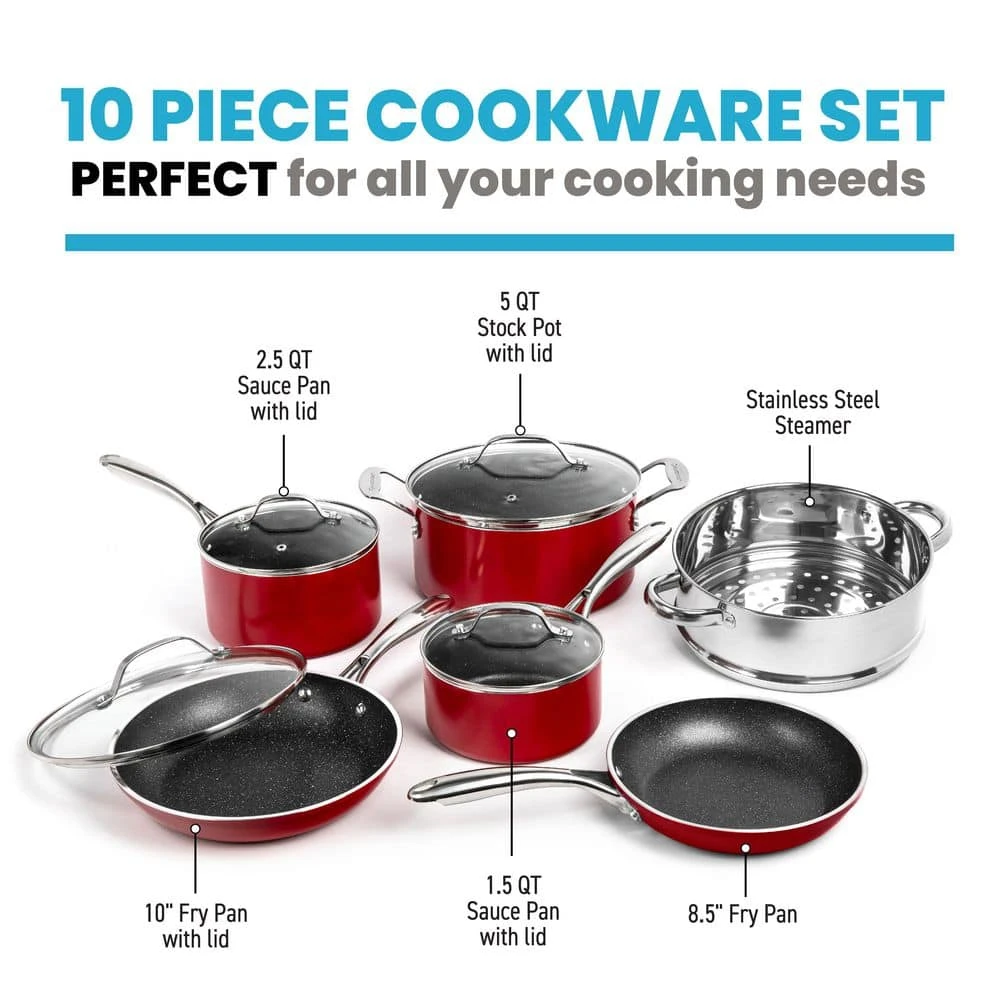10-Piece Aluminum Red Ultra-Durable Non-Stick Diamond Infused Cookware Set with Glass Lids by GRANITESTONE - Image 2