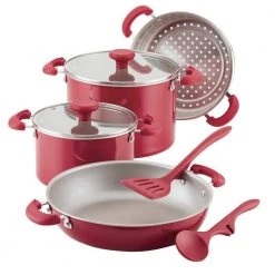 Create Delicious Stackable 8-Piece Aluminum Nonstick Cookware Set in Red Shimmer by Rachael Ray