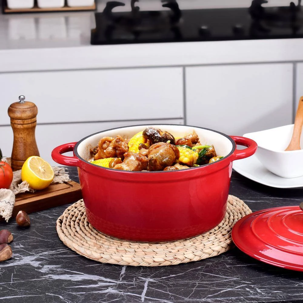 1-Piece 4 qt. Red Round Enamel Cast Iron Dutch Oven with Lid by Velaze - Image 4