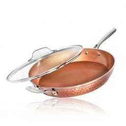Hammered Copper 14 in. Aluminum Non-Stick XL Family Frying Pan with Glass Lid by Gotham Steel
