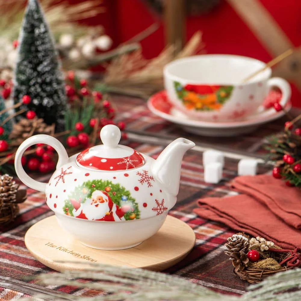 Santaclaus 1-Cup White and Red Christmas Porcelain Tea Set with Teapot, Teacup and Saucer by VEWEET - Image 4