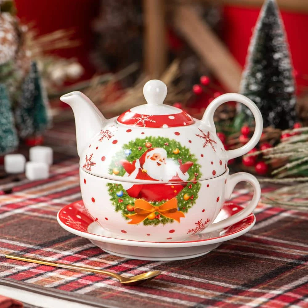Santaclaus 1-Cup White and Red Christmas Porcelain Tea Set with Teapot, Teacup and Saucer by VEWEET - Image 3