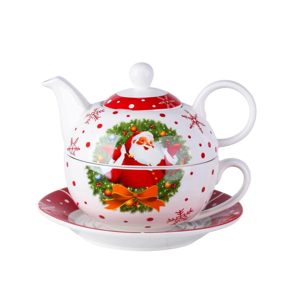 Santaclaus 1-Cup White and Red Christmas Porcelain Tea Set with Teapot, Teacup and Saucer by VEWEET