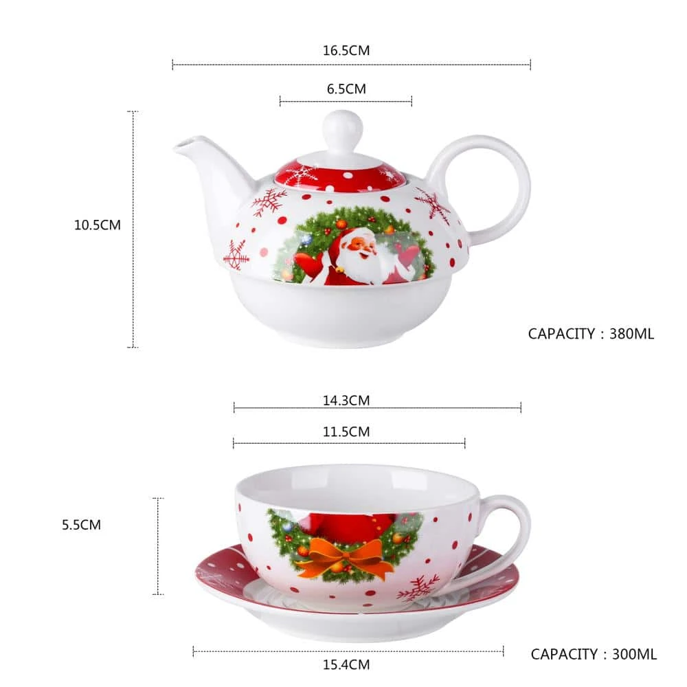 Santaclaus 1-Cup White and Red Christmas Porcelain Tea Set with Teapot, Teacup and Saucer by VEWEET - Image 2