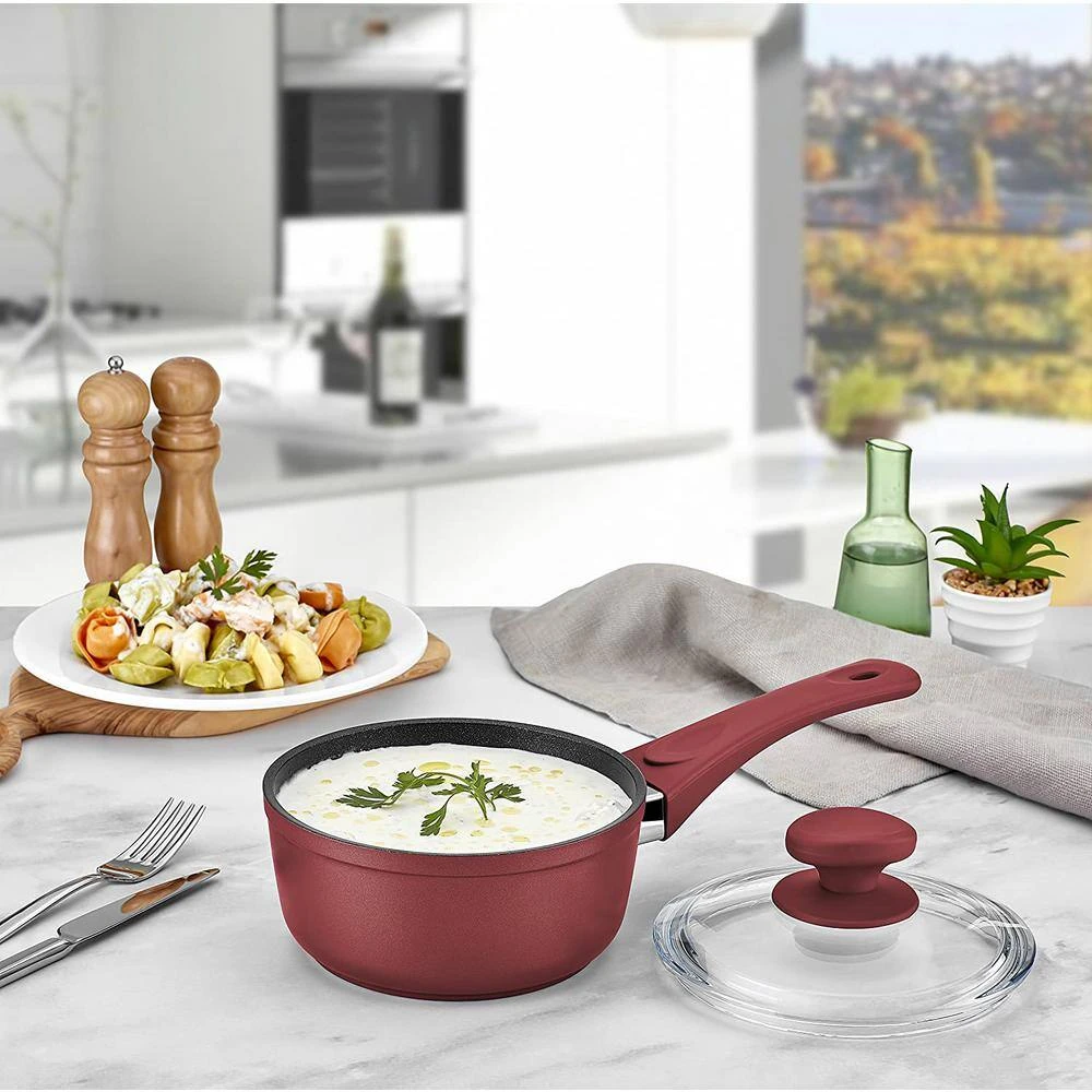 2 qt. Titanium coated Aluminum Non-Stick Sauce Pan in Red with Glass Lid by CONTEXT - Image 2