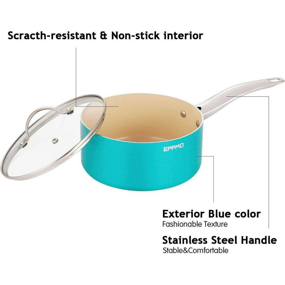 2.9 Qt. Ceramic Aluminum Nonstick Sauce Pan in Blue with Lid by EPPMO - Image 6