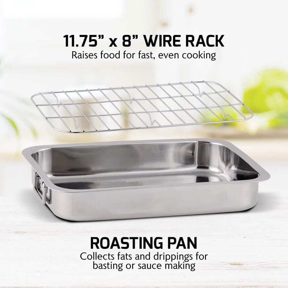 13 in. x 9.38 in. Dishwasher-Safe Stainless Steel Roasting Pan with Wire Rack and Handles by OVENTE - Image 6