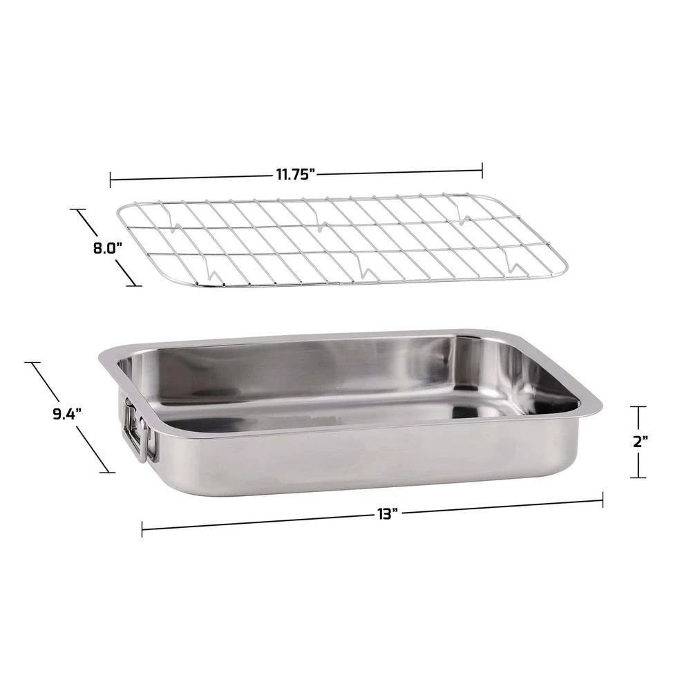13 in. x 9.38 in. Dishwasher-Safe Stainless Steel Roasting Pan with Wire Rack and Handles by OVENTE - Image 8