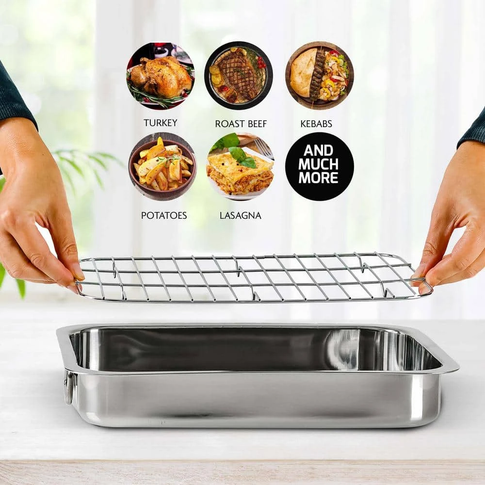 13 in. x 9.38 in. Dishwasher-Safe Stainless Steel Roasting Pan with Wire Rack and Handles by OVENTE - Image 3