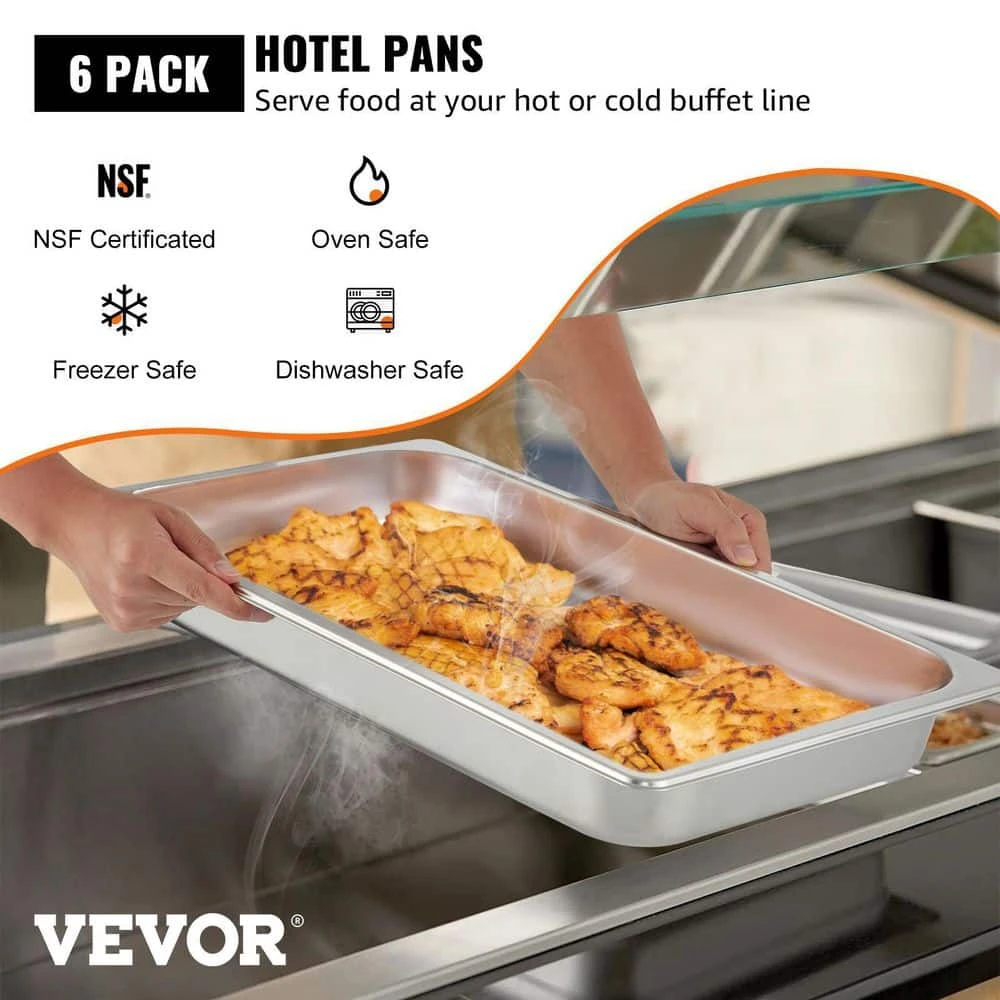 8.9 qt. Roasting Pans Stainless Steel Chafing Dish Buffet Set 20 x 12 x 2 in. Hotel Pans Full Size For Baking (6-Pack) by VEVOR - Image 2
