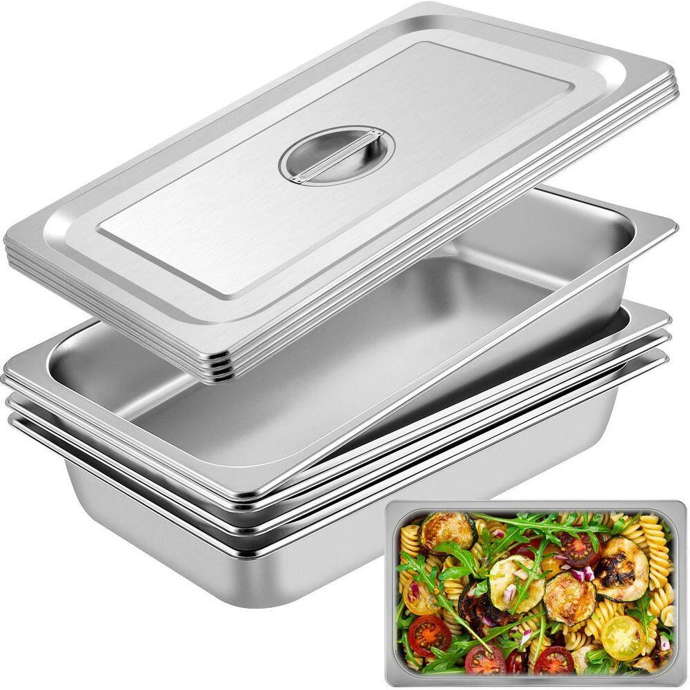 13.7 qt. Stainless Steel Hotel Pan 20.9 x 12.8 x 3.9 in. Roasting Pan with Lid Hotel Pans Full Size Deep (4-Pack) by VEVOR